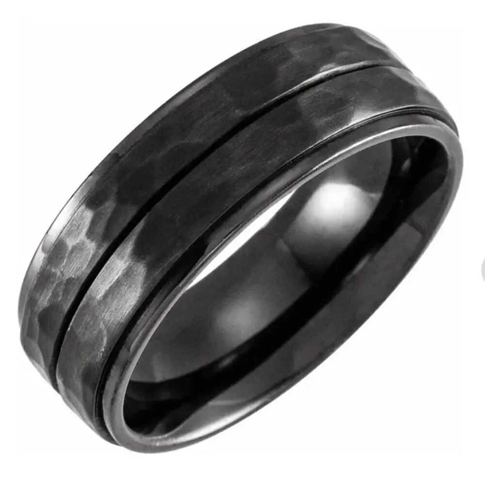 Stuller Men’s Ring Black Titanium 8mm Grooved Stepped-Edge Comfort-Fit Flat Band